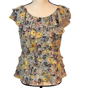 Anthropologie Odille Sheer Yellow and Blue Ruffled Fitted Top Sz-8